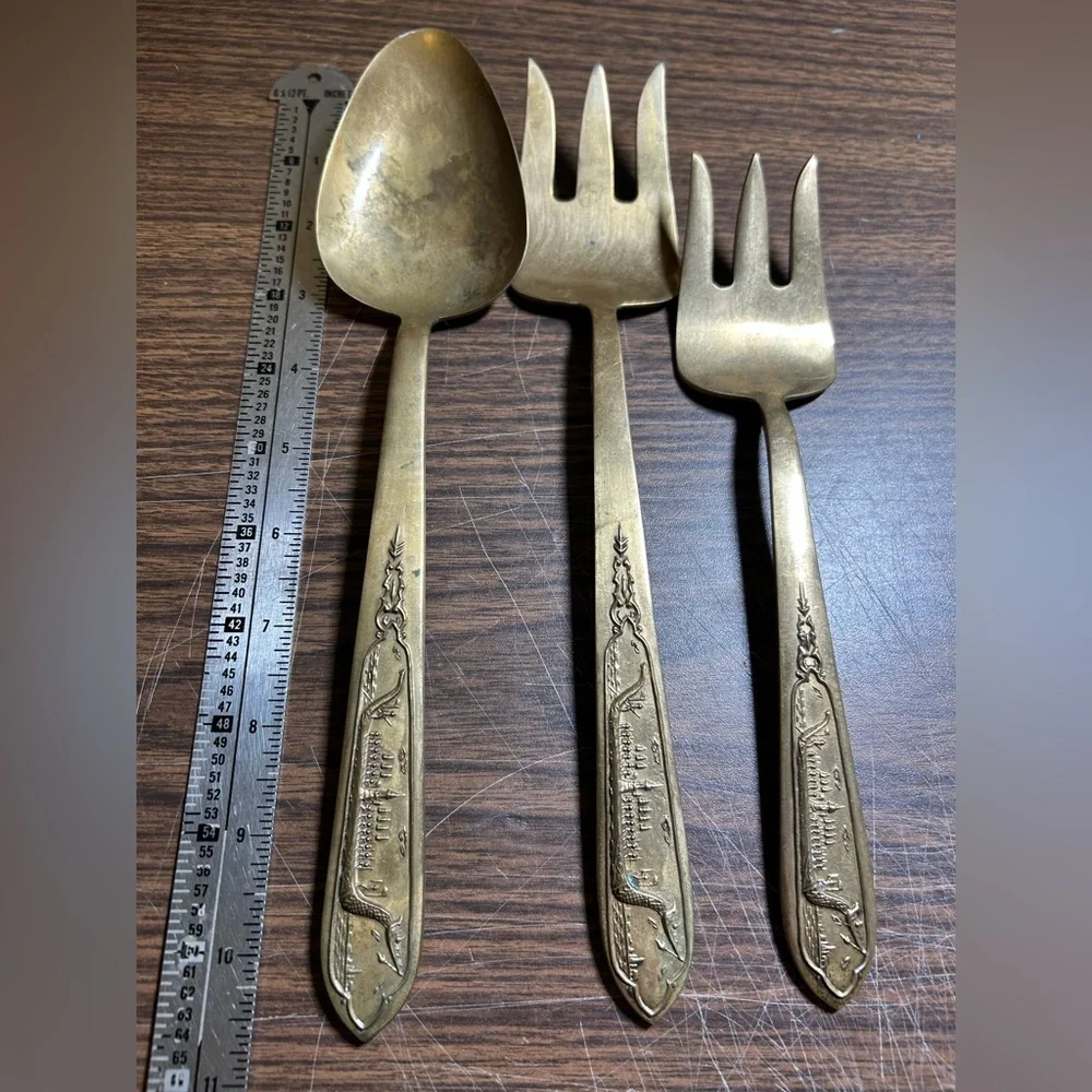 Vintage Brass Flatware Dragon Viking Ship Design Set 3 Serving 2 Forks 1 Spoon